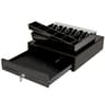 cash drawer modelo cdk-45 marca aon 4 compartimientos para billetes y 5 compartimientos para monedas color negro